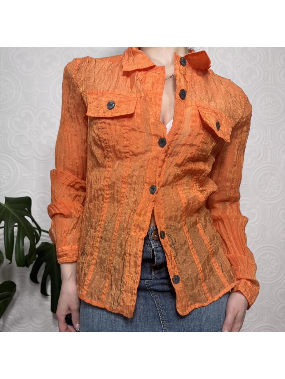 Vintage Y2k French Laundry Orange Pleated Button Blouse